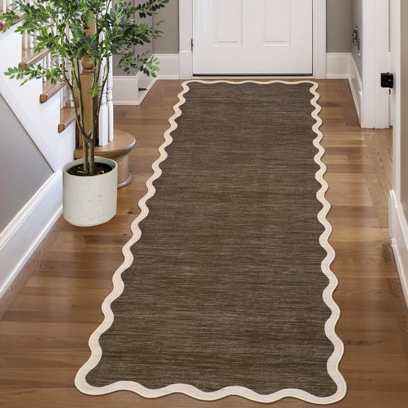 Machine Washable Rug Modern Scalloped Rug Non Slip, Neutral Indoor Carpet, Soft Non Shedding Floor Covering, Low Pile Thin Foldable Printed Mats for Living Room Bedroom Nursery