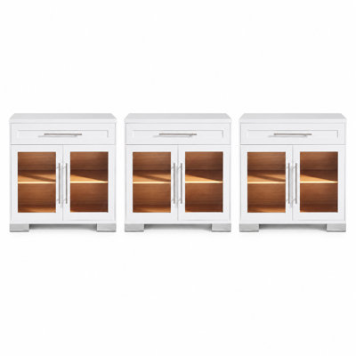 Armoire de rangement 31,5 "à porte en verre ultrabrillant avec tiroirs et pieds galvanisés, blanc