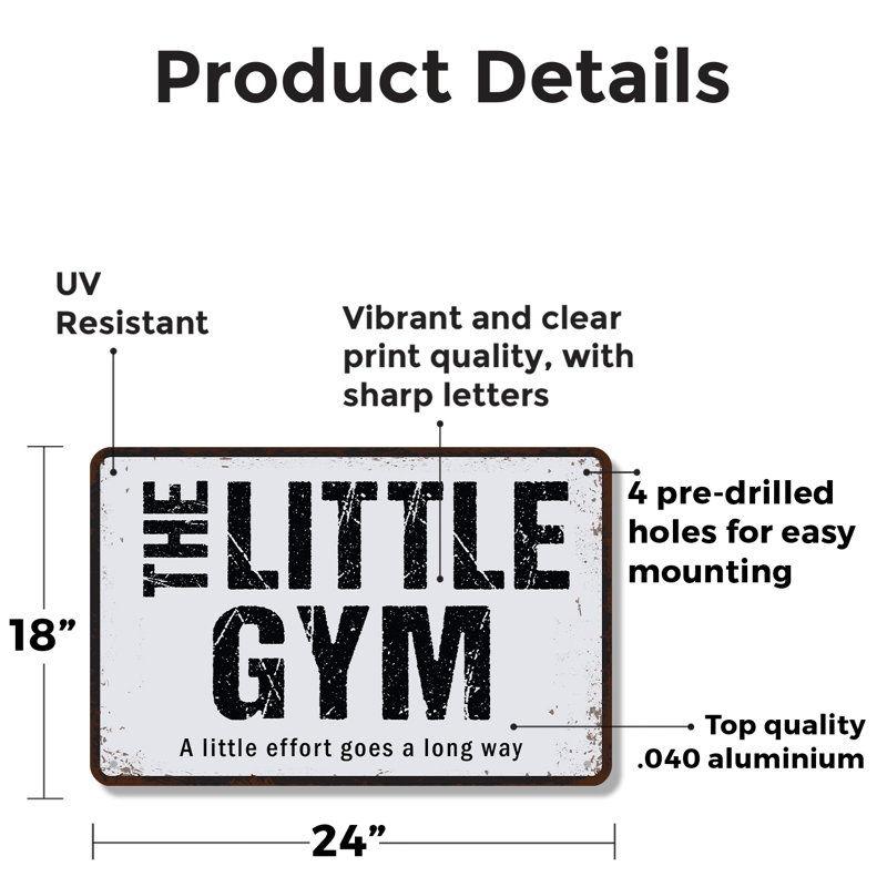 Enseigne en aluminium de style rétro Little Gym 18 po x 24 po, H 18 po x l 24 po x P 0,1 po