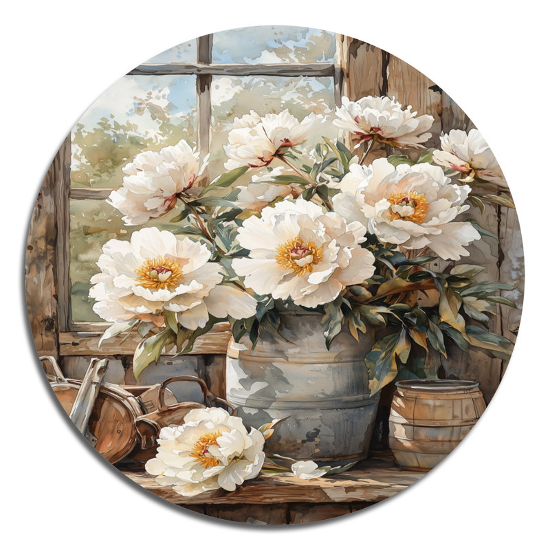 Henri - Décoration murale ronde en métal pivoines, H 16 po x l 16 po
