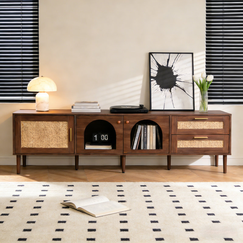 70" TV Stand With App-Controlled LED Lights & Rattan Design, Modern Media Console With 2 Drawers & Glass Doors For Living Room