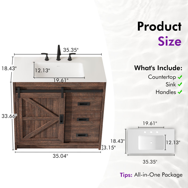 36" Farmhouse Single Sink Bathroom Vanity, Brown, Brown, 36"