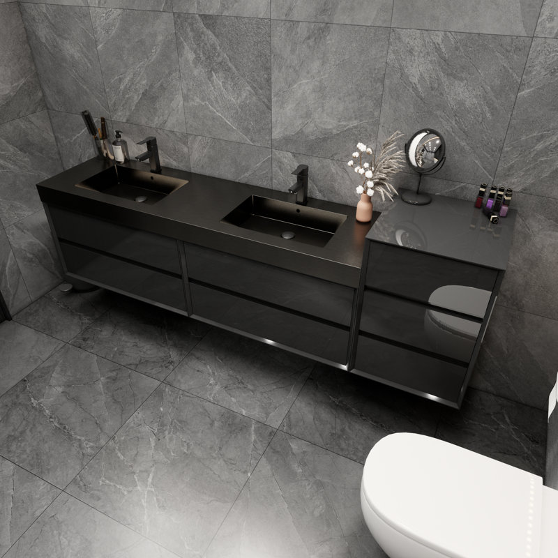 Kayleena 78.5'' Wall Mounted Double Bathroom Vanity with Metal Top, Gloss Black