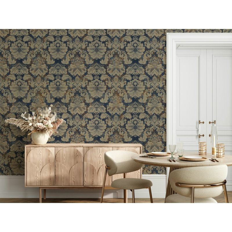 Papier peint floral damassé bleu marine, L 100 po x l 150 po