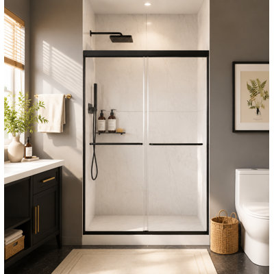 Vital 44-48"W x 70"H Double Sliding Framed Shower Door, 1/4"(6mm) SGCC Explosion-Proof Clear Tempered Glass, Rustproof Matte Black Hardware, Space Saving Design for Small Bathroom