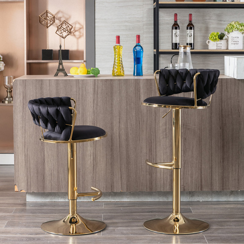 Ensemble de 2 tabourets de bar, avec repose-pieds chromé et base pivotante réglable en hauteur, Noir