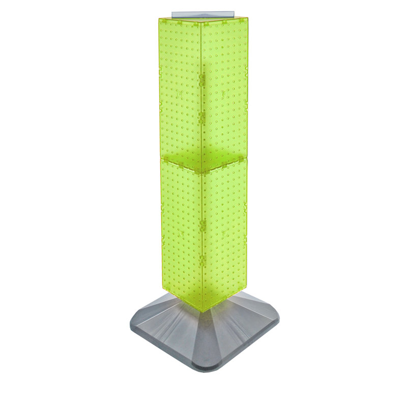 Green Four-Sided Revolving Pegboard Display Tower with Silver Base