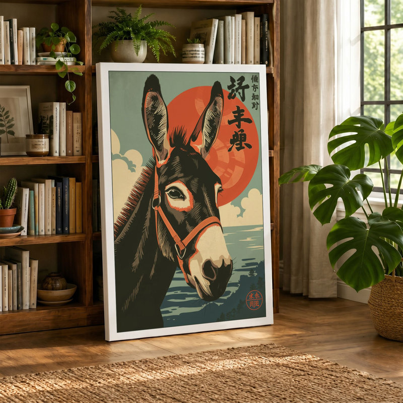 Donkey with Rising Sun Japandi - Wrapped Canvas, 36x24 - 91.4 x 61.0 cm, Sage Border