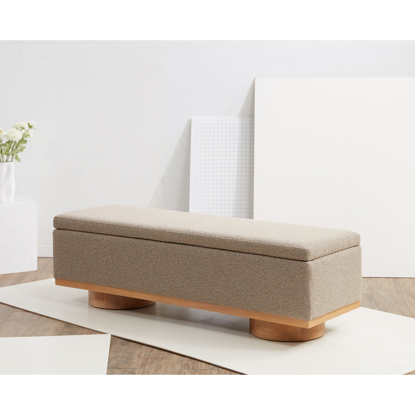 Morje 61" Linen Entryway Bench, Brown Boucle, Natural