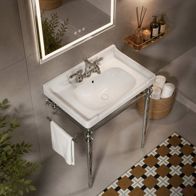 Lavabo console de salle de bain 28 po, meuble-lavabo mural en céramique avec 3 trous pré-percés, pieds de support autoportants en acier inoxydable avec barre à serviettes, sans robinet ni couvercle d'évier