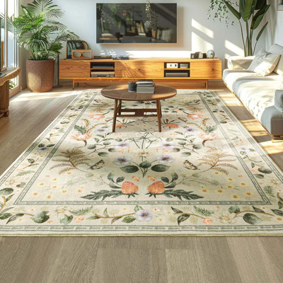 Area Rugs For Bedroom 4X6 Washable Boho Rug Printed Non Slip Low Pile Floral Carpet For Living Room Dorm Playroom Home Office Dining Room Nursery Kitchen Laundry Home Office,Light Beige