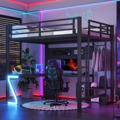 Lit mezzanine double avec bureau en L et ports USB, lit mezzanine en métal avec plateau d'ordinateur, panneau perforé et lumières de jeu en forme de Z, noir
