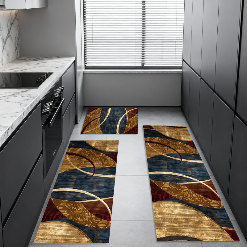 Machine Washable Non-SlipKitchen Mat(Set of 3), Blue/Brown Abstract