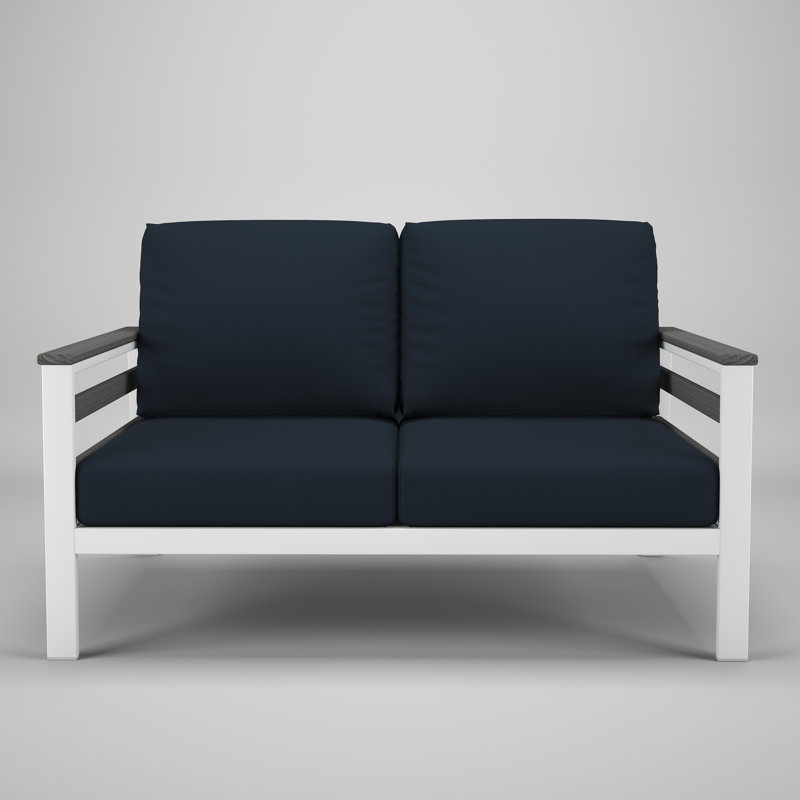 Causeuse d'extérieur en métal avec coussin Sunbrella Townsend, Black, Toile bleu marine