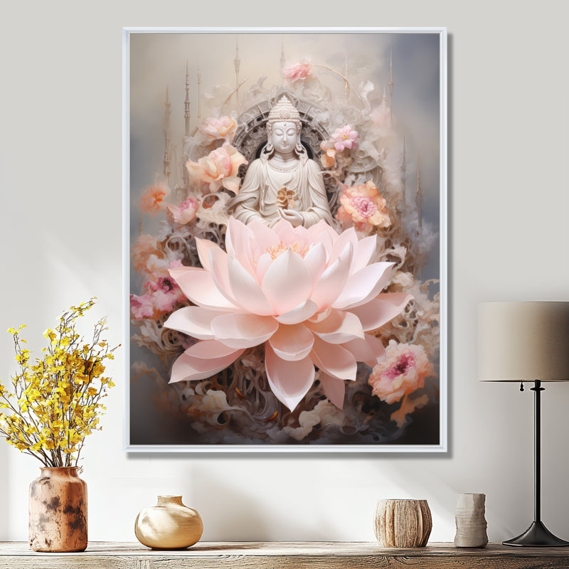 Bouddha rose, lotus de la sagesse sur toile, H 20 po x l 12 po x P 1 po, Cadre flottant blanc