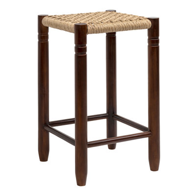 Columnar Bohemian 26" Indoor/Outdoor Teak Wood Backless Counter Stool, Woven Synthetic Rattan Seat for Patio & Kitchen Island, Dark and Light Brown
