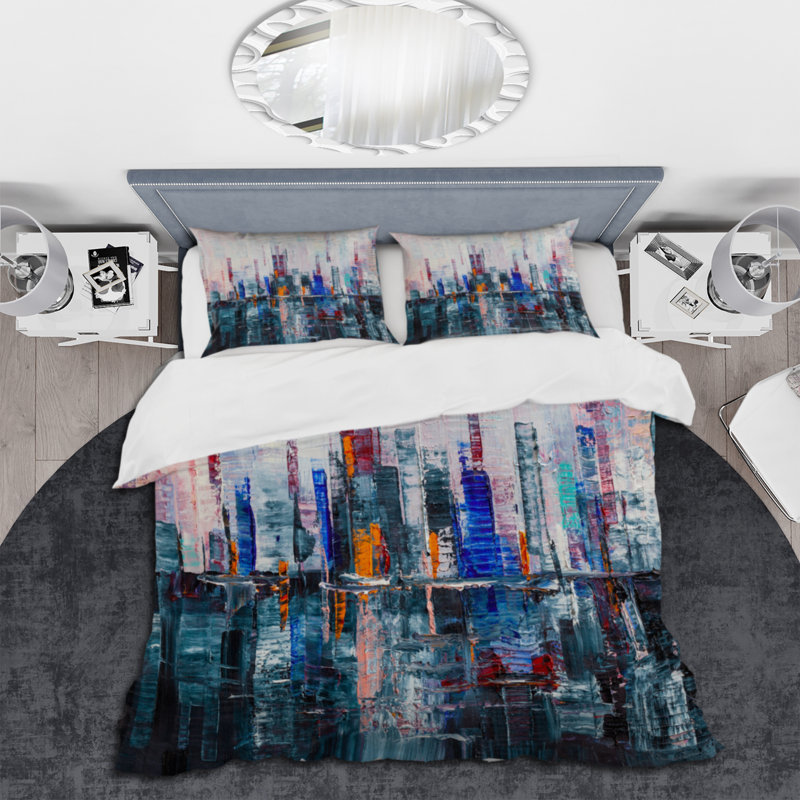 «Modern Abstract City A Wall of Skyscrapers» - Ensemble de housse de couette moderne - Polyester en microfibre
