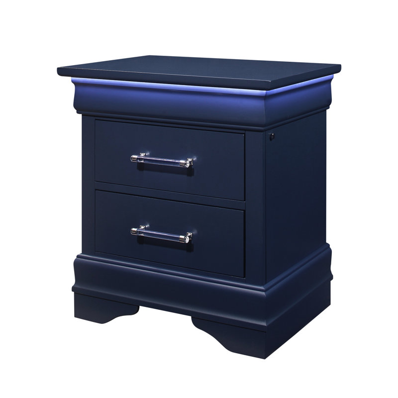 Table de chevet bleue avec rangement spacieux, bois massif dans les tiroirs, style transitionnel