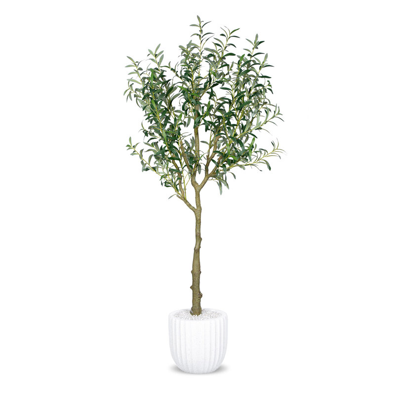 Faux olivier botanique en pot dans une jardinière en fibre de verre blanche d'une hauteur de 72 pouces