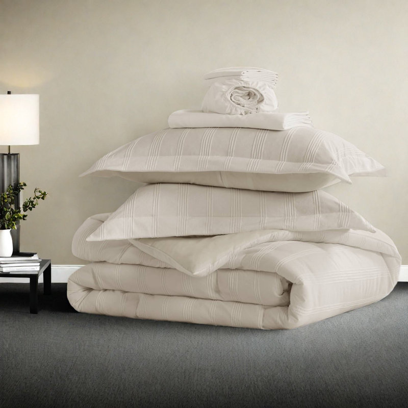 Plush Queen Bedding Sets, Polyester Comforter With Neutral Striped Design For Versatile Home Use