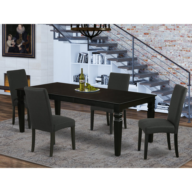 Cet ensemble de salle à manger 5 pièces comprend une table de salle à manger rectangulaire avec feuille papillon et 4 chaises rembourrées en tissu de couleur noire, noir