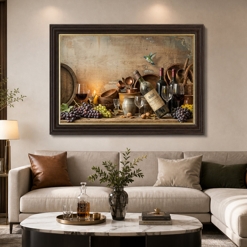 Tableau sur toile représentant une bouteille de vin rustique, des raisins et des ustensiles en cuivre, H 12 po x l 18 po
