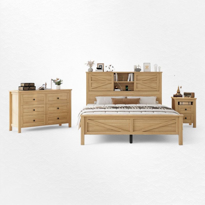 3 Piece Bedroom Set (Bed+1*Nightstand +Dresser) with Charging Station, Queen, Natural