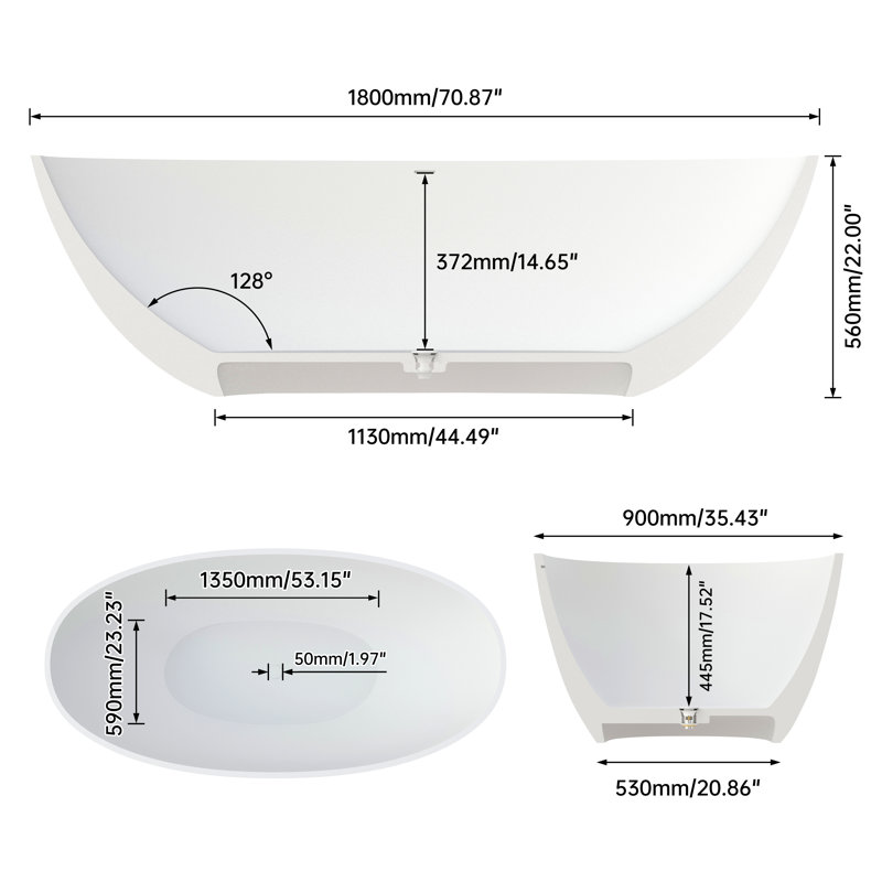71" Premium Solid Surface Deep Soaking Bathtub