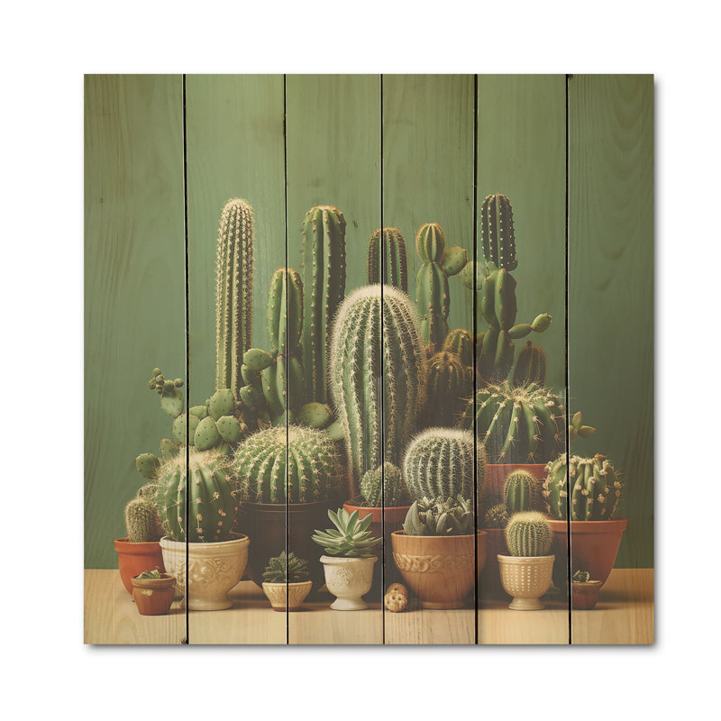 Cactus Jade Juxtaposition I - Art mural en bois de cactus sur bois de pin naturel, H 25 po x l 25 po
