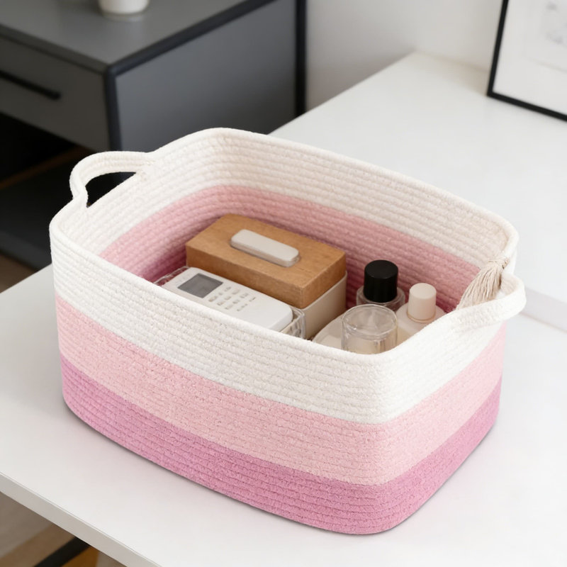 Large Woven Storage Basket With Handles, Foldable Cotton Rope Organizer For Blankets, Toys, And Home Decor, Pink