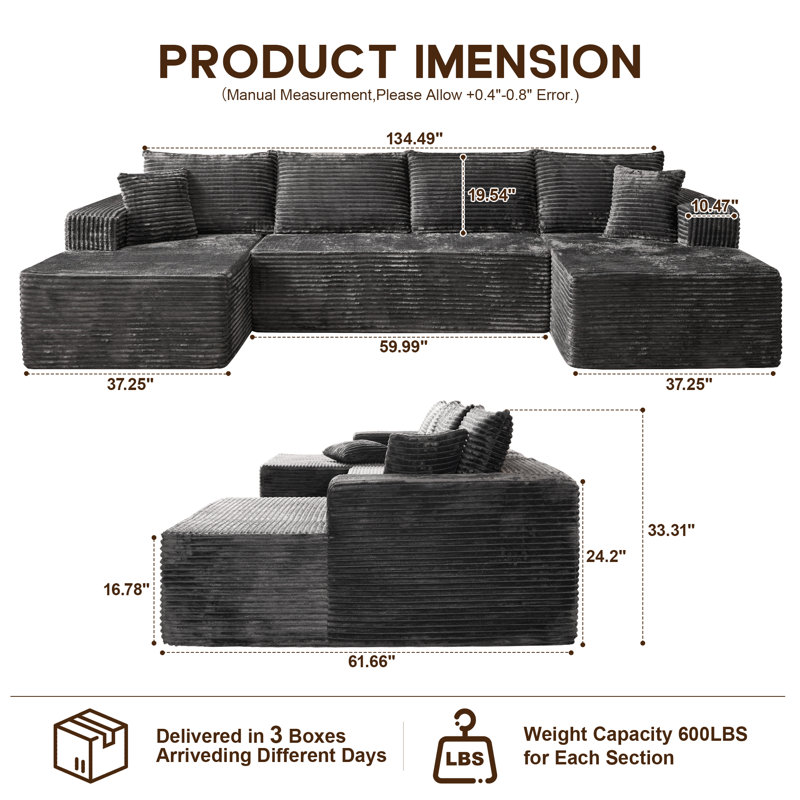 Navarrie Boneless 134" U-Shaped Sectional, No Assembly Required Compression Sofa with Dual Chaises, Gray