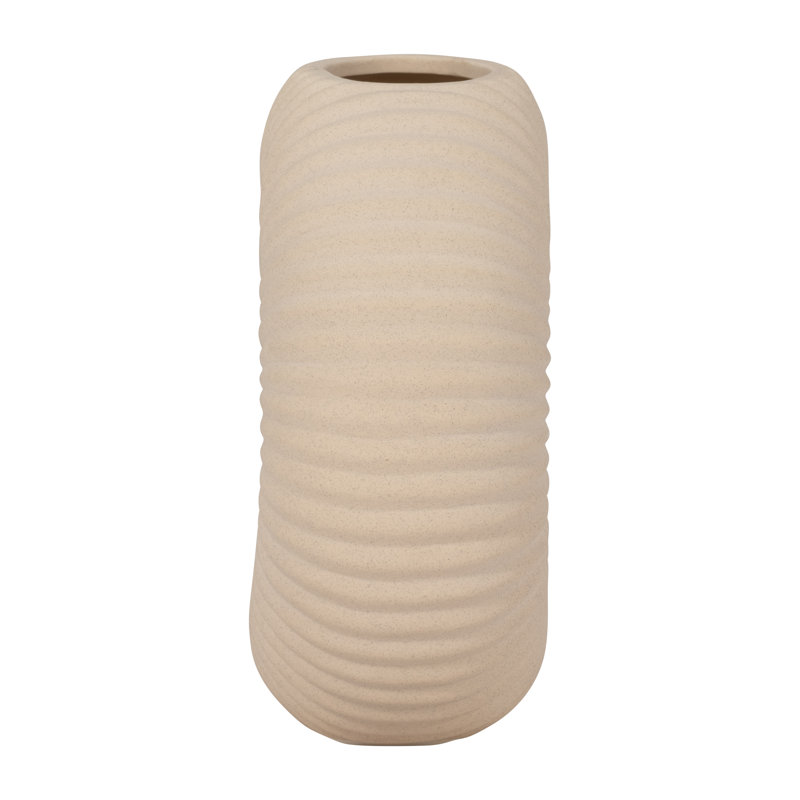 Boho Stoneware and Ceramic Decorative Vase with Sculptural Ribbed Design and Textured Wood Detailing, 6" H x 7" W x 3" D
