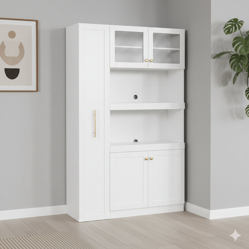 Armoire de cuisine avec tablette coulissante multifonctionnelle à plusieurs niveaux, armoire de rangement de style campagnard à quatre portes, organisateur de garde-manger pour la cuisine et la salle à manger, en blanc