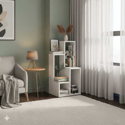 Bibliothèque moderne blanc, panneau de particules enduit 100% mélamine, 16,5 x 35,0 x 7,9 pouces | Conception durable et élégante avec de nombreuses tablettes | Capacité de tablette murale: 33 lb | Parfait pour la décoration de la maison ou du bureau