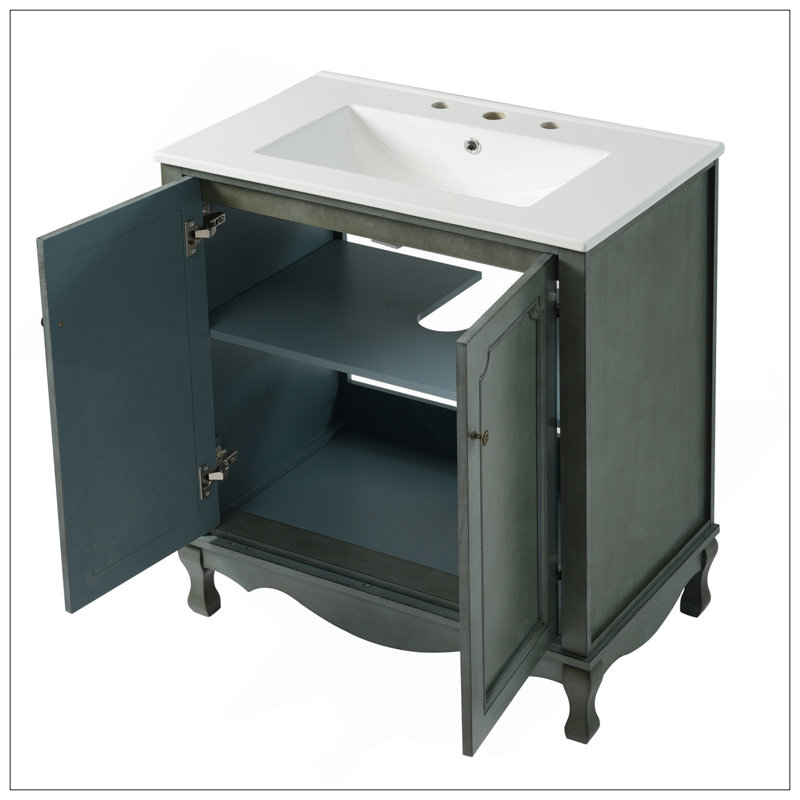 Meuble-lavabo polyvalent de 30 po avec lavabo rectangulaire en céramique, meuble-lavabo avec poignées antiques et 2 portes