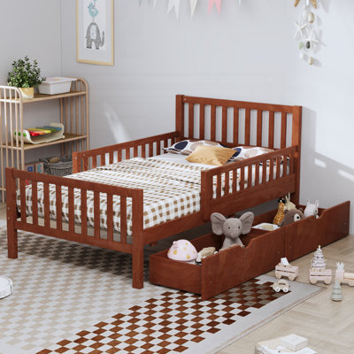 Lit plateforme simple en bois manufacturé avec garde-corps des deux côtés et deux tiroirs de rangement, noyer