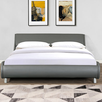 Grey Faux Leather Upholstered Queen Bed, Curve Pattern, Wood Slat Backing, No Box Spring, Simple Assembly Task, Shaped, Supported, Facile Assembly,