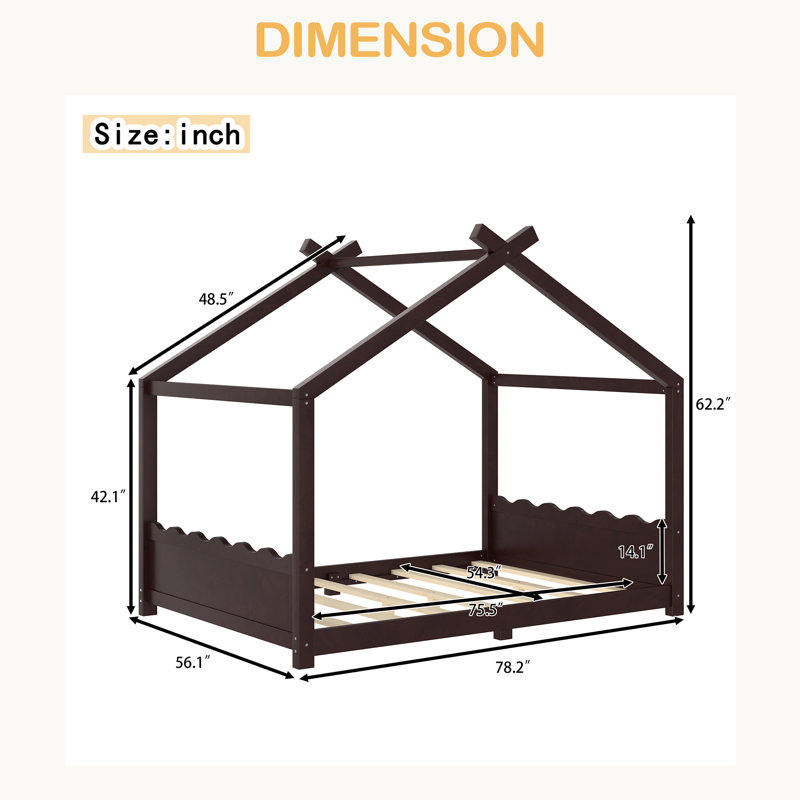 Lit de maison avec lattes de soutien, cadre de lit de maison en bois massif pour enfants, pas de sommier tapissier et structure d'ouverture