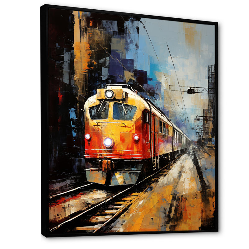 Voyage orange en train II - art mural moderne, salon, H 44 po x l 34 po x P 1,5 po, Cadre flottant noir