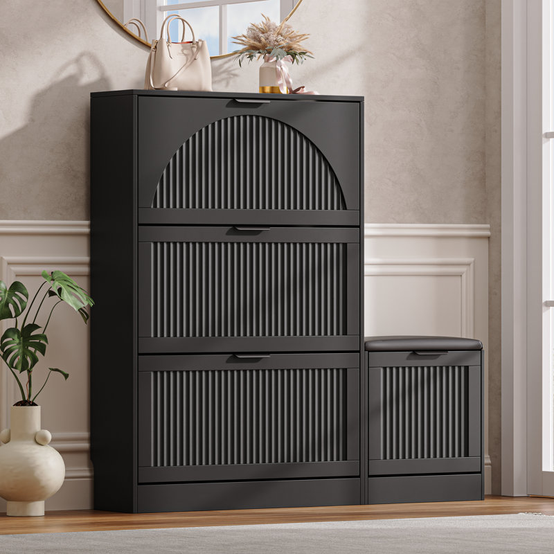 Meuble à chaussures de 124 cm de large pour 24 paires, avec 3 tiroirs à charnières et banc à chaussures, Black