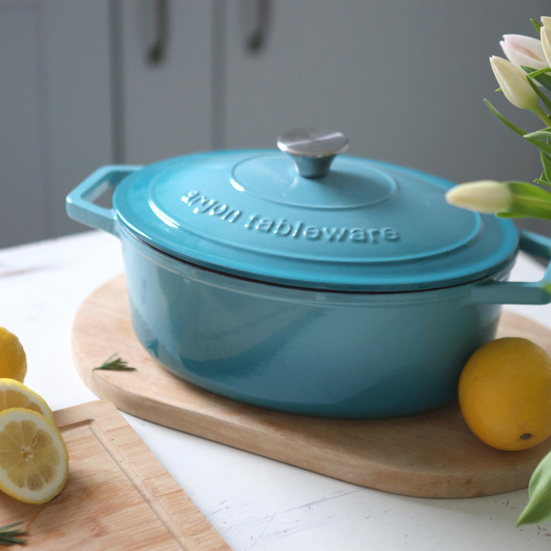 Argon Tableware - Oval Cast Iron Casserole Dishes, Teal