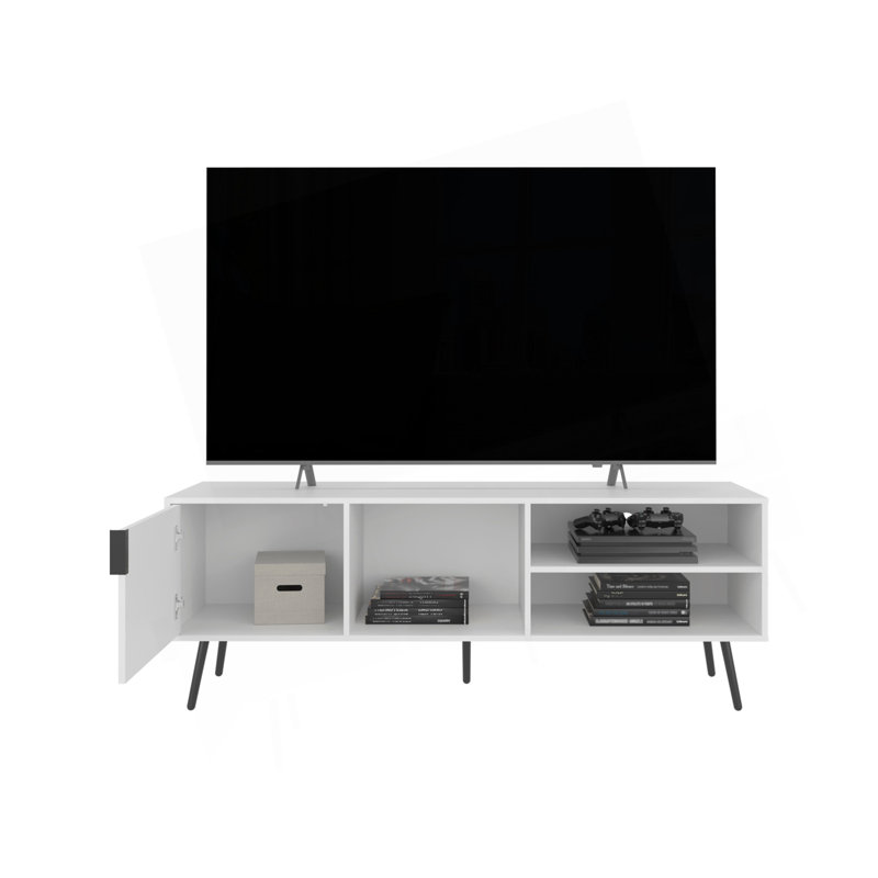 Meuble télé de 63 po de large avec une armoire, trois tablettes ouvertes, gestion des câbles, salon, salle de télévision