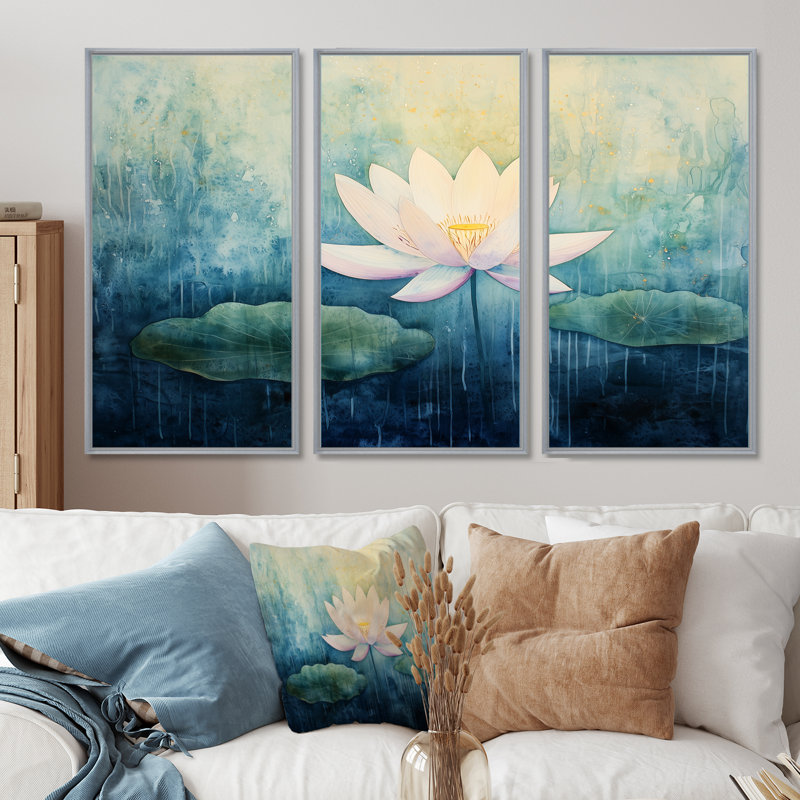 Addix - lot d'art mural lotus, Reproduction avec cadre flottant, Argent argent, H 28 po x l 36 po