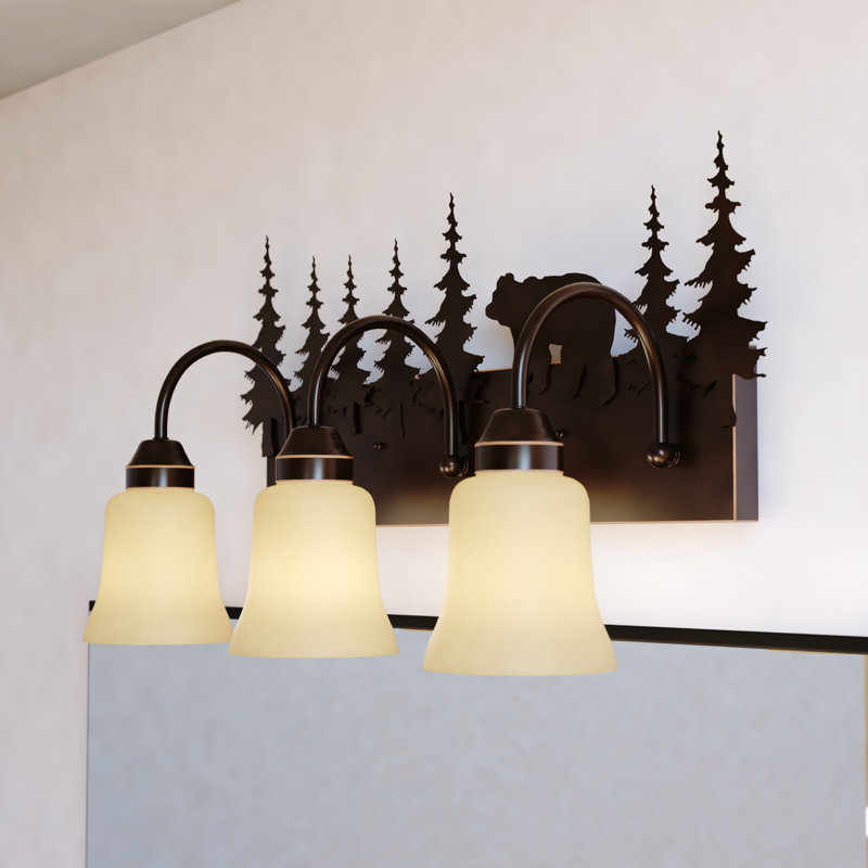 Luminaire de meuble-lavabo de salle de bain rustique en bronze bruni à 3 lumières de 24,75 po Homar, abat-jour en verre ambré, ours et arbres, à intensité variable, compatible avec DEL, fixation murale au-dessus du miroir