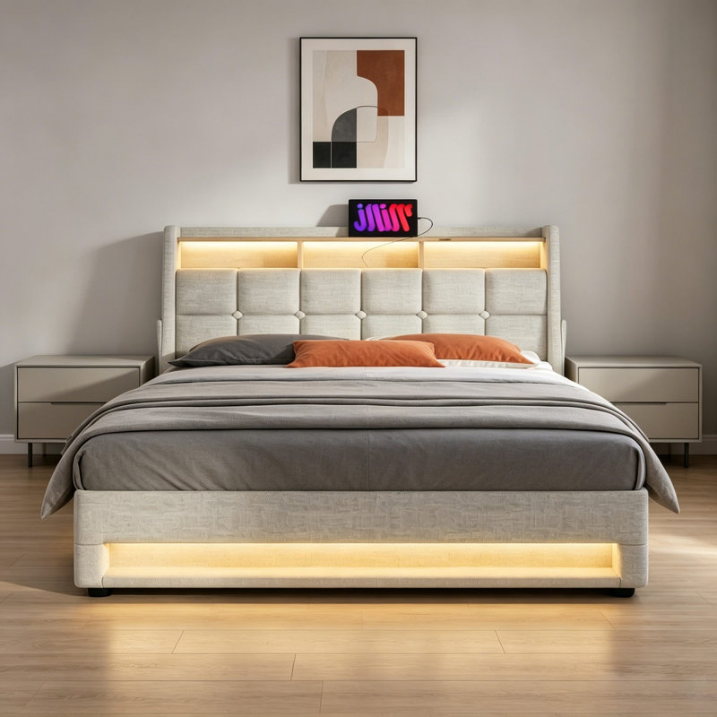 Lit rembourré avec tête de lit éclairée, rangement relevable et station de charge, Full, Beige