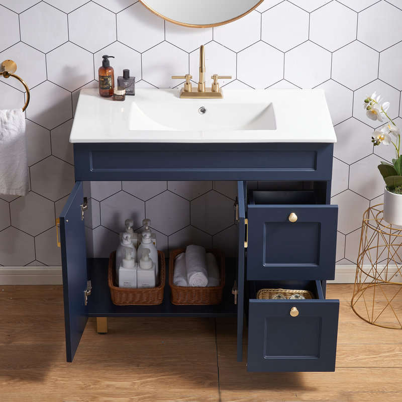 36'' Modern Blue Bathroom Vanity With Ceramic Top, Blue