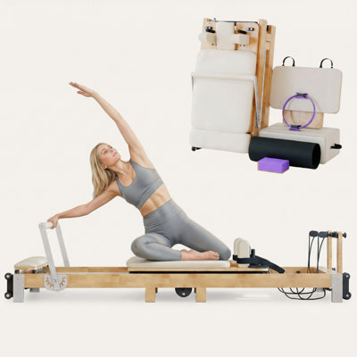 Pilates Reformer Machine, 97" L Foldable Studio Grade Pilates Equipment for Gym and Home, Oak Wood Pilates Reformer with Versatile Reformer Accessories