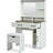 Farmhouse Makeup Vanity Desk with Mirror and Lights, 3 Lighting Modes, Vanity Set with Stool, Dressing Table with Adjustable Shelves,2 Drawers and Side Cabinet for Bedroom