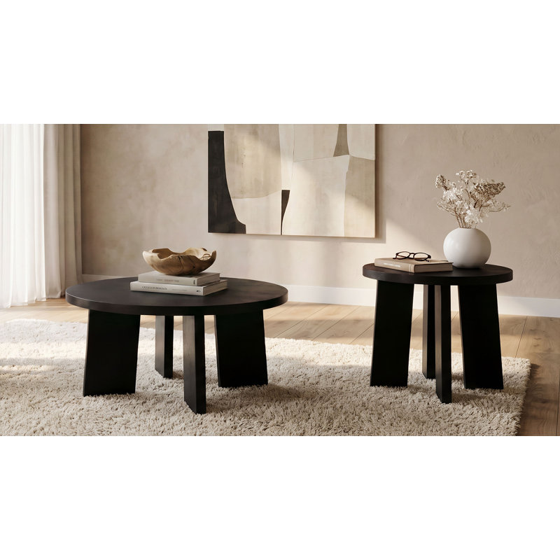 Ensemble de 2 tables basses et d'appoint rondes Strouse, noir., Noir, 2 pièces: table basse, table de bout