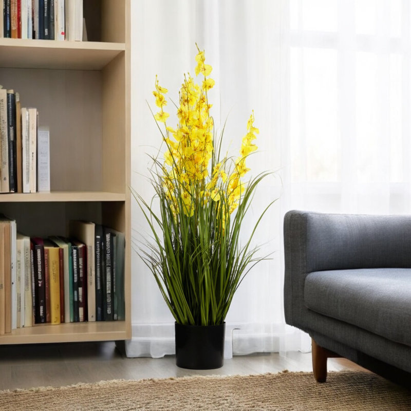 Herbes artificielles mixtes 36 pouces et fleurs d'orchidées en pot noir, Jaune